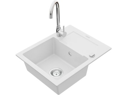MEXEN/S - Enzo granitový dřez 1 s odkapávačem včetně baterie Telma, bílá 6506-20-670200-00