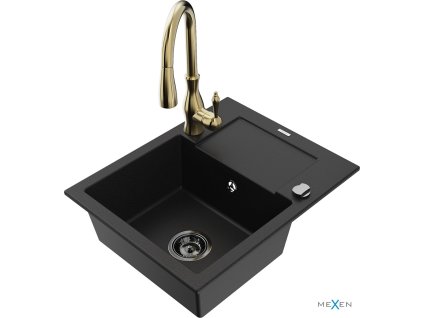 MEXEN/S - Enzo granitový dřez 1 s odkapávačem včetně baterie Savita, černá 6506-77-672601-50-B