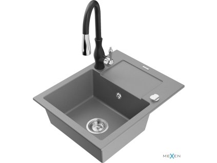 MEXEN/S - Enzo granitový dřez 1 s odkapávačem včetně baterie Savita, šedá 6506-71-672601-70