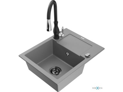 MEXEN/S - Enzo granitový dřez 1 s odkapávačem včetně baterie Savita, šedá 6506-71-672601-70-B