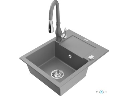 MEXEN/S - Enzo granitový dřez 1 s odkapávačem včetně baterie Savita, šedá 6506-71-672601-71