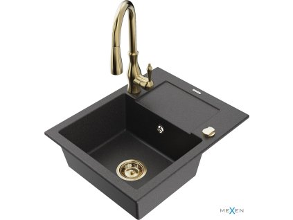 MEXEN/S - Enzo granitový dřez 1 s odkapávačem včetně baterie Savita, černá kropenatá 6506-76-672601-50