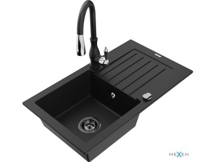 MEXEN/S - Pablo granitový dřez 1 s odkapávačem včetně baterie Savita, černá 6510-77-672601-70-B