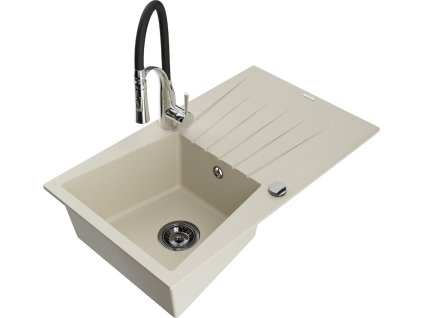 MEXEN/S - Cesar granitový dřez s odkapávačem včetně baterie Aster, béžová 6514-69-73450-07-B