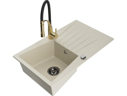 MEXEN/S - Cesar granitový dřez s odkapávačem včetně baterie Aster, béžová 6514-69-73450-57-B