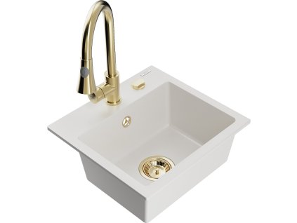 MEXEN/S - Milo granitový dřez 1-miska včetně baterie Elia, bílá 6505-20-670101-50