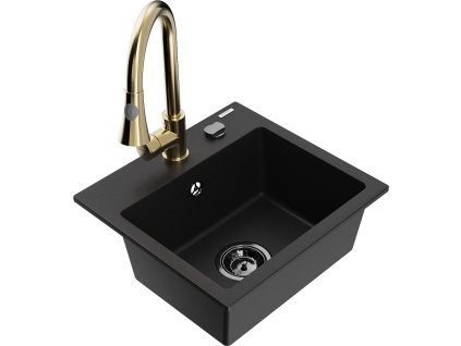 MEXEN/S - Milo granitový dřez 1-miska včetně baterie Elia, černá 6505-77-670101-50-B