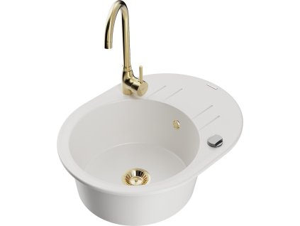 MEXEN/S - Kevin granitový dřez s odkapávačem včetně baterie Telma, bílá 6517-20-670200-50