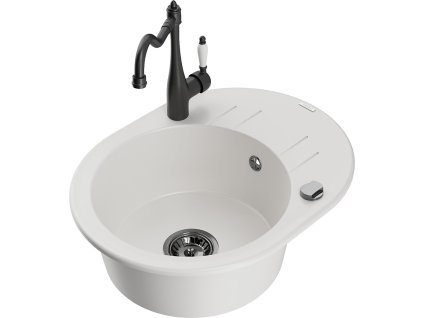 MEXEN/S - Kevin granitový dřez 1-miska s odkapávačem včetně baterie Carla, bílá 6517-20-670700-70