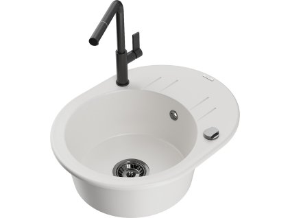 MEXEN/S - Kevin granitový dřez 1-miska s odkapávačem včetně baterie Flora, bílá 6517-20-670401-70-B