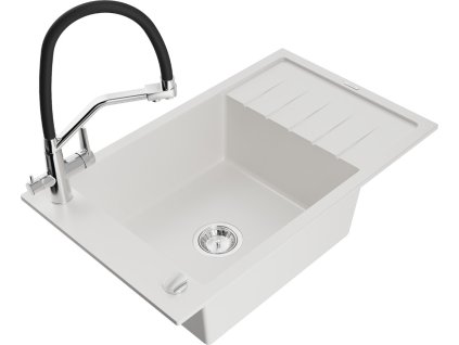 MEXEN/S - Elias granitový dřez s odkapávačem včetně baterie Duo, bílá 6511-20-671701-07