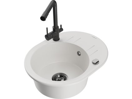 MEXEN/S - Kevin granitový dřez s odkapávačem včetně baterie Duero, bílá 6517-20-671600-70