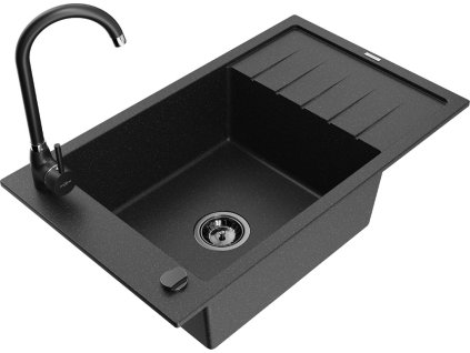MEXEN/S - Elias granitový dřez s odkapávačem včetně baterie Telma, černá/stříbrná 6511-73-670200-70-B