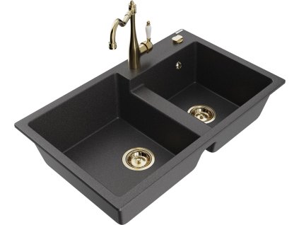 MEXEN/S - Tomas granitový dřez 2-bowl včetně baterie Carla, černá kropenatá 6516-76-670700-50