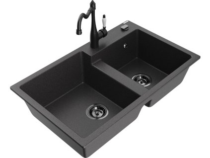MEXEN/S - Tomas granitový dřez 2-bowl včetně baterie Carla, černá kropenatá 6516-76-670700-70-B