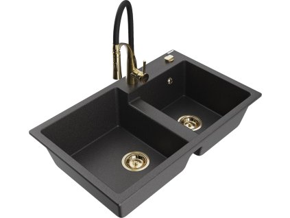 MEXEN/S - Tomas granitový dřez 2-bowl včetně baterie Aster, černá kropenatá 6516-76-73450-57-G