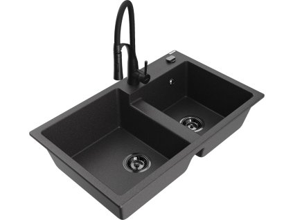 MEXEN/S - Tomas granitový dřez 2-bowl včetně baterie Aster, černá kropenatá 6516-76-73450-70-B