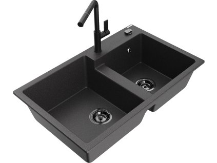 MEXEN/S - Tomas granitový dřez 2-bowl včetně baterie Flora, černá kropenatá 6516-76-670401-70-B