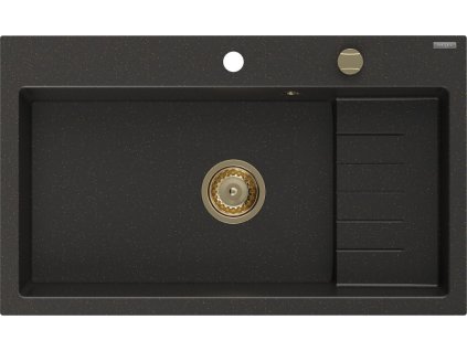 MEXEN/S - Omar granitový dřez 800 x 480 mm, černá/zlatá metalik, zlatý sifon 6520801005-75-G
