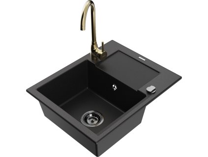MEXEN/S - Enzo granitový dřez s odkapávačem včetně baterie Telma, černá 6506-77-670200-50-B