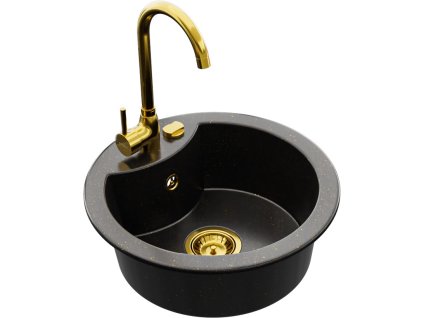MEXEN/S - Diego granitový dřez 1-miska včetně baterie Telma, černá/zlatý 6512-75-670200-50