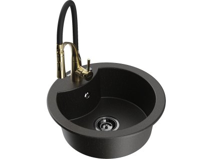 MEXEN/S - Diego granitový dřez 1-miska včetně baterie Aster, černá/zlatá metalik 6512-75-73450-57-B