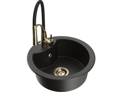 MEXEN/S - Diego granitový dřez 1-miska včetně baterie Aster, černá/zlatá metalik 6512-75-73450-57-G