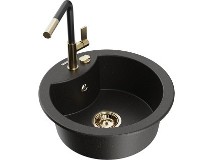 MEXEN/S - Diego granitový dřez 1-miska včetně baterie Flora, černá/zlatá metalik 6512-75-670401-57-G