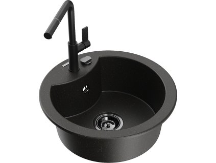 MEXEN/S - Diego granitový dřez 1-miska včetně baterie Flora, černá/zlatá metalik 6512-75-670401-70-B