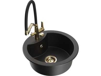 MEXEN/S - Diego granitový dřez 1-miska včetně baterie Duo, černá/zlatá metalik 6512-75-671701-57-G