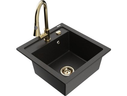 MEXEN/S - Vito granitový dřez 1-miska včetně baterie Elia, černá/zlatá metalik 6503-75-670101-50