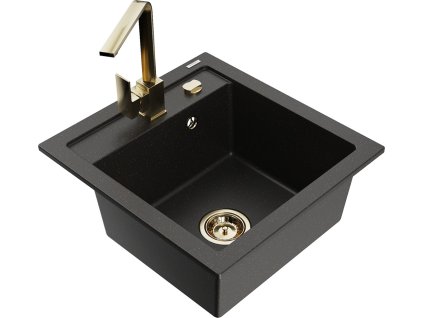 MEXEN/S - Vito granitový dřez 1-miska včetně baterie Rita, černá/zlatá metalik  6503-75-670300-50