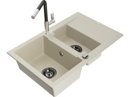 MEXEN/S - Gaspar granitový dřez 1.5 s odkapávačem včetně baterie Flora, béžová 6507-69-670401-07-B