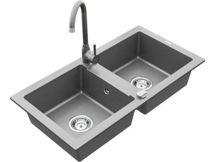 MEXEN/S - Mario granitový dřez 2-bowl včetně baterie Telma, šedá 6504-71-670200-71