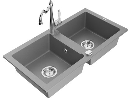 MEXEN/S - Mario granitový dřez 2-bowl včetně baterie Carla, šedá 6504-71-670700-00