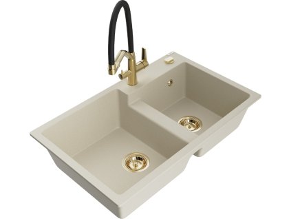 MEXEN/S - Tomas granitový dřez 2-bowly včetně baterie Duo, béžová 6516-69-671701-57-G