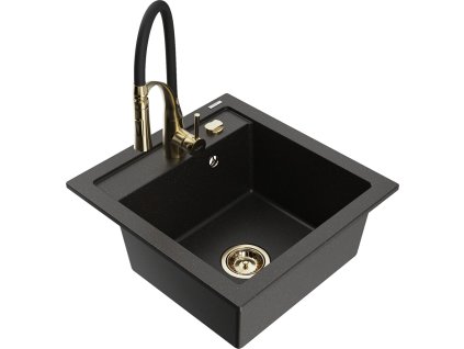 MEXEN/S - Vito granitový dřez 1-miska včetně baterie Aster, černá/zlatá metali 6503-75-73450-57-G