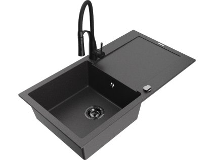 MEXEN/S - Leo granitový dřez 1 s odkapávačem včetně baterie Aster, černá kropenatá 6501-76-73450-70-B
