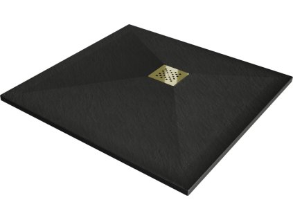 MEXEN/S - Stone+ čtvercová sprchová vanička 70 x 70, černá, mřížka zlatá 44707070-G