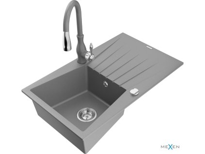 MEXEN/S - Cesar granitový dřez 1 s odkapávačem včetně baterie Savita, šedá 6514-71-672601-71