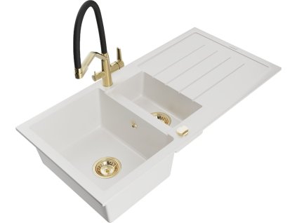 MEXEN/S - Andres granitový dřez s odkapávačem včetně baterie Duo, bílá 6515-20-671701-57-G