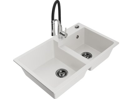 MEXEN/S - Tomas granitový dřez 2-bowl včetně baterie Aster, bílá 6516-20-73450-07-B