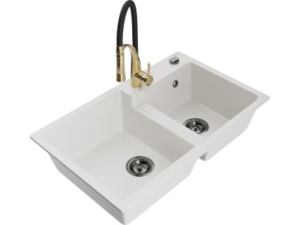 MEXEN/S - Tomas granitový dřez 2-bowl včetně baterie Aster, bílá 6516-20-73450-57-B