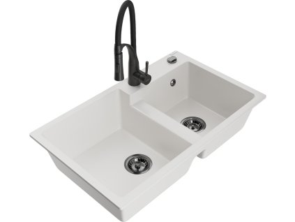 MEXEN/S - Tomas granitový dřez 2-bowl včetně baterie Aster, bílá 6516-20-73450-70-B