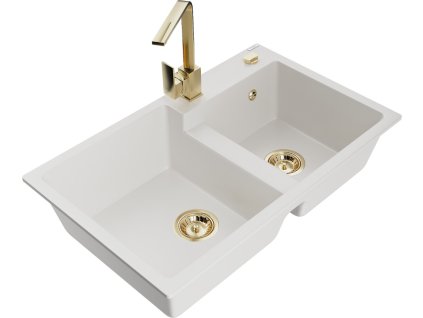 MEXEN/S - Tomas granitový dřez 2-bowl včetně baterie Rita, bílá 6516-20-670300-50