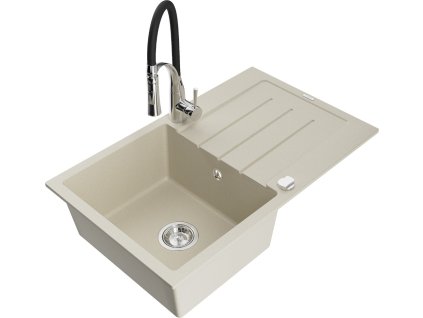 MEXEN/S - Bruno granitový dřez s odkapávačem včetně baterie Aster, béžová 6513-69-73450-07
