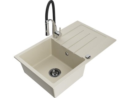 MEXEN/S - Bruno granitový dřez s odkapávačem včetně baterie Aster, béžová 6513-69-73450-07-B