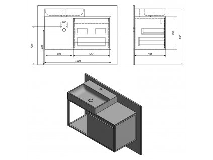 SKARA umyvadlová skříňka 100x49,5x46,5cm, černá mat/dub Collingwood
