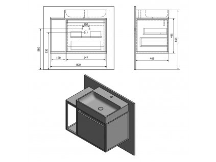 SKARA umyvadlová skříňka 80x49,5x46,5cm, černá mat/dub Collingwood
