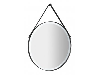 ORBITER kulaté zrcadlo s LED osvětlením o 60cm, kožený pásek, černá mat